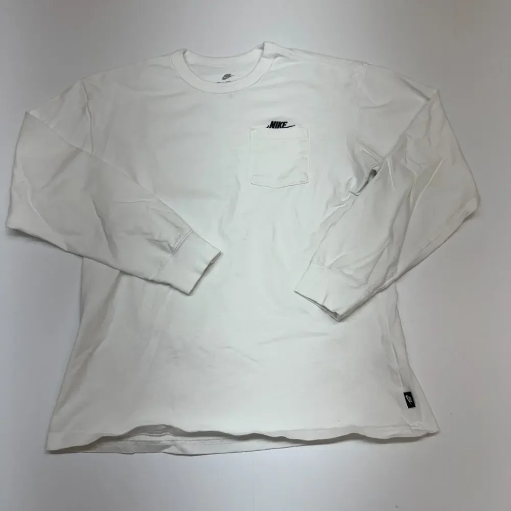 Nike Shirt Mens Small White Long Sleeve Pocket Crew Neck 100% Cotton Tagless